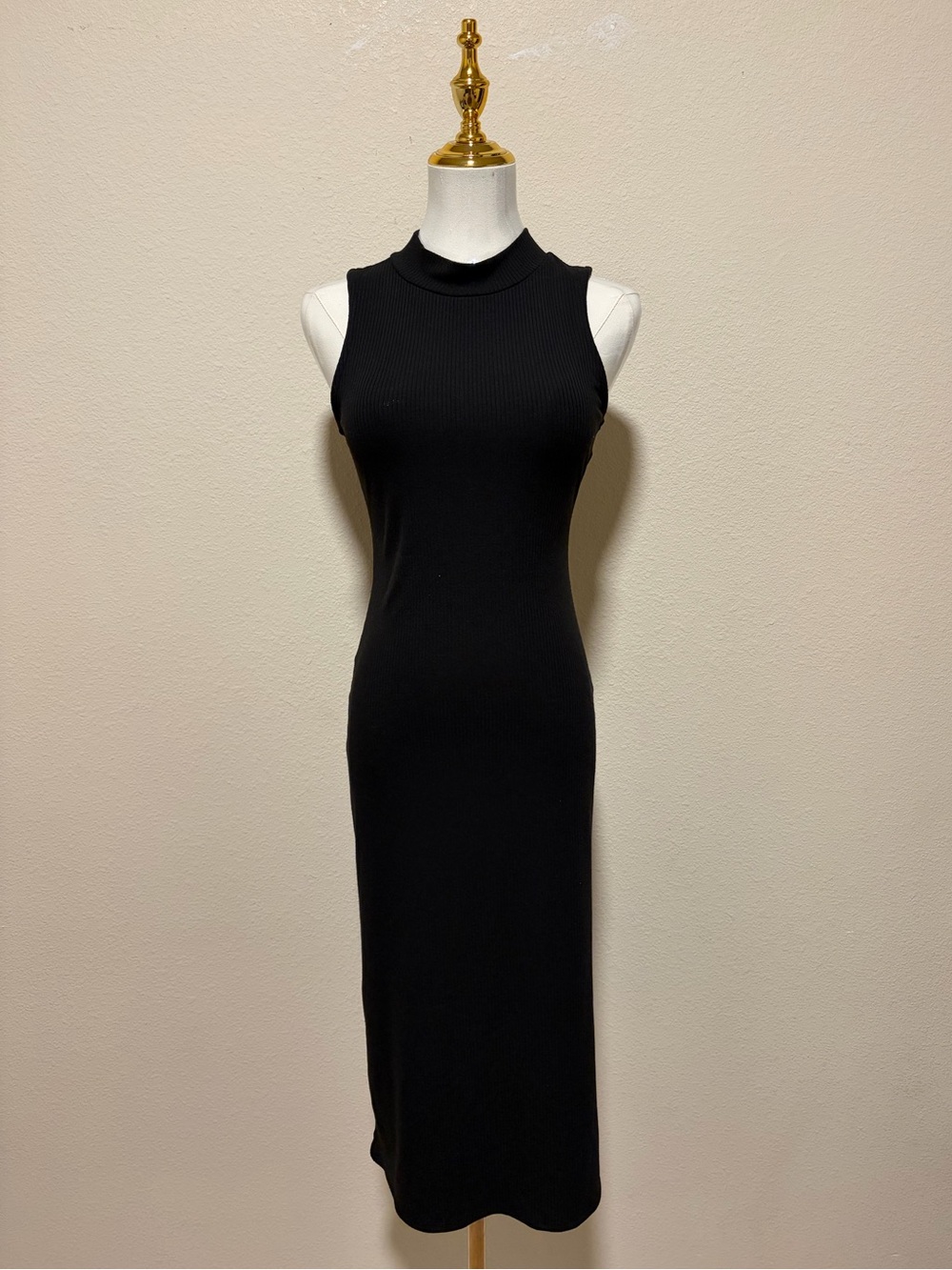 miami Black Sleeveless Ribbed Mock-Neck Midi Dress